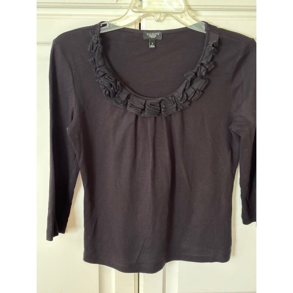 Talbots Petites Black Ruffle Neck 3/4 Sleeve Knit Top Shirt Small Petite